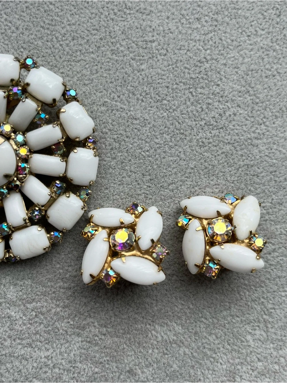Vintage Milk Glass Rhinestone Brooch Earring Set